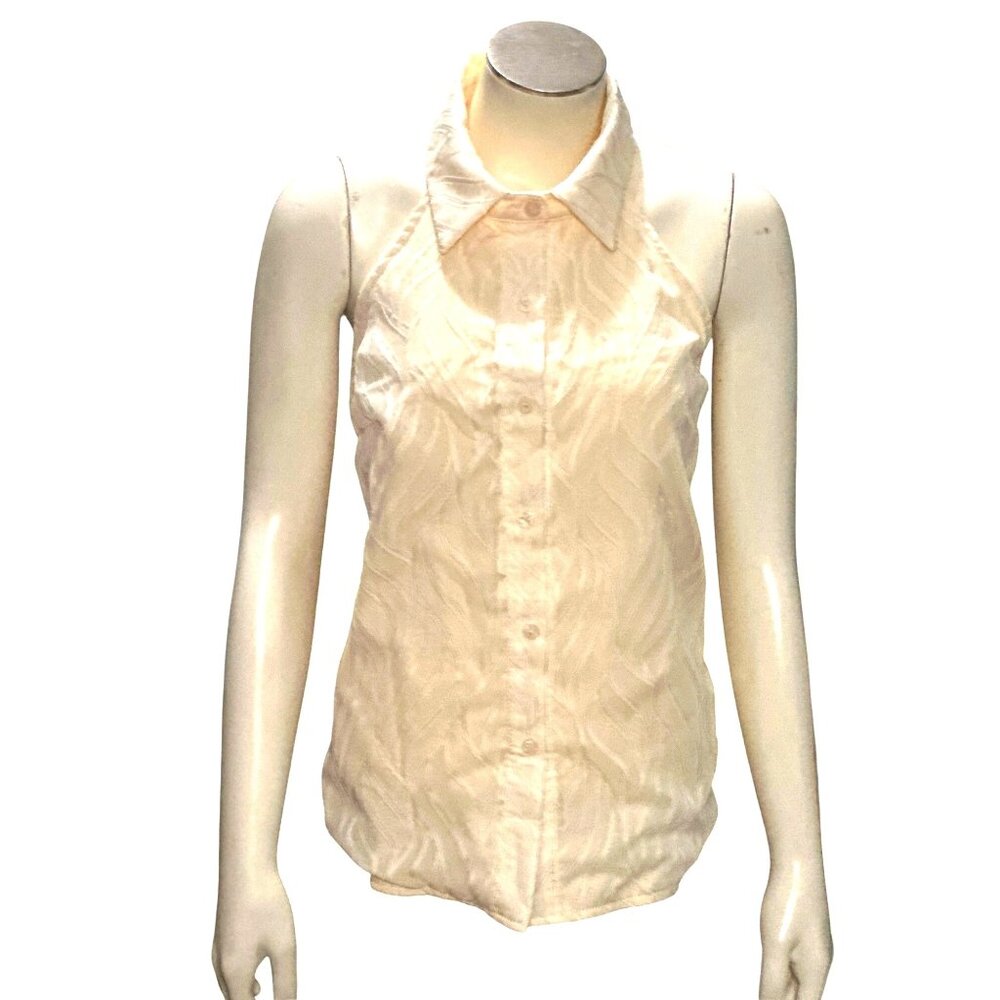 CCC Sheer Beige White Sleeveless Halter Blouse Leaf Pattern Button Up Front Med